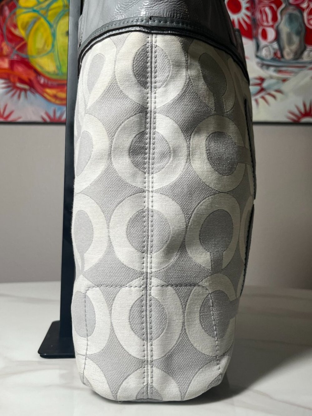 Coach Audrey Op Art Signature Tote 17035 Gray White Jacquard Patent Leather Bag - Picture 5 of 15